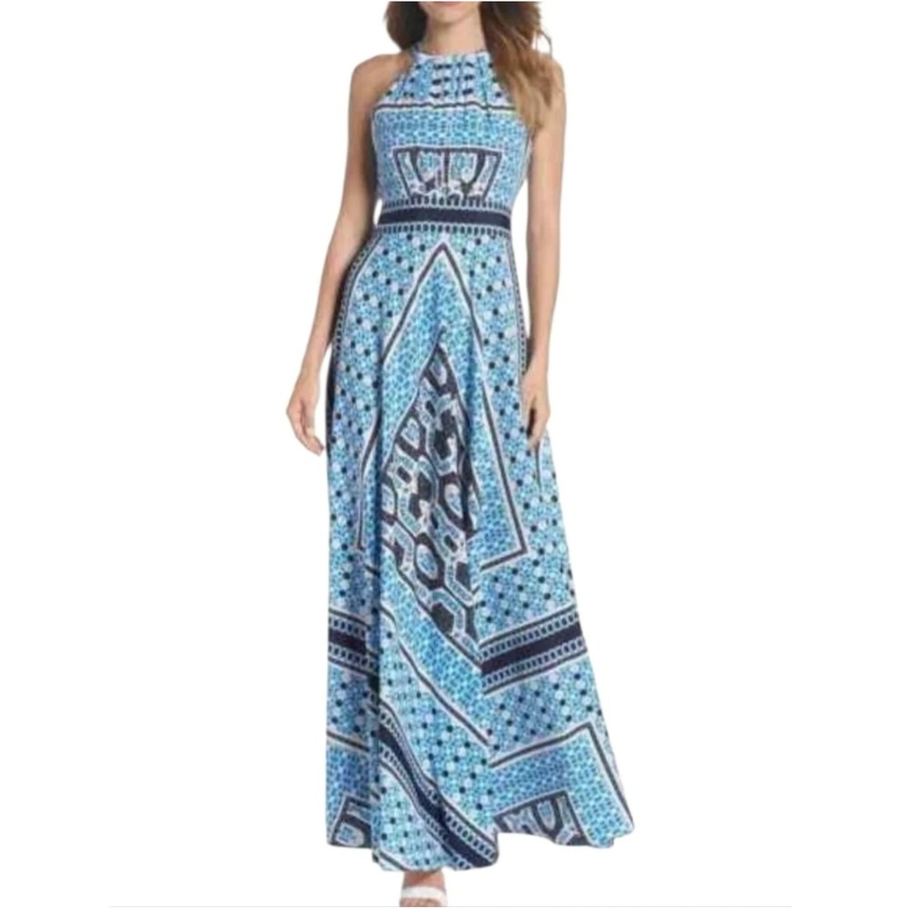 Eliza J Scarf Print Maxi Dress Tie Halter Blue Boho Paisley Women's Sz 4